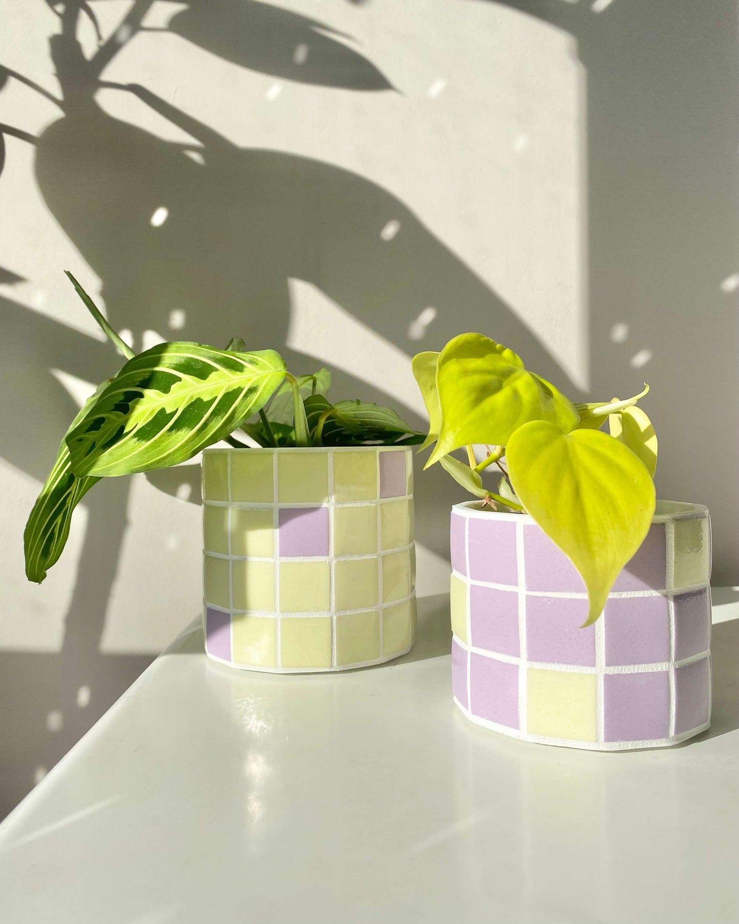 Duo cache-pot mosaïque "Jungle Pop" Jaune et Lila fabriqué en Alsace BelemBouture