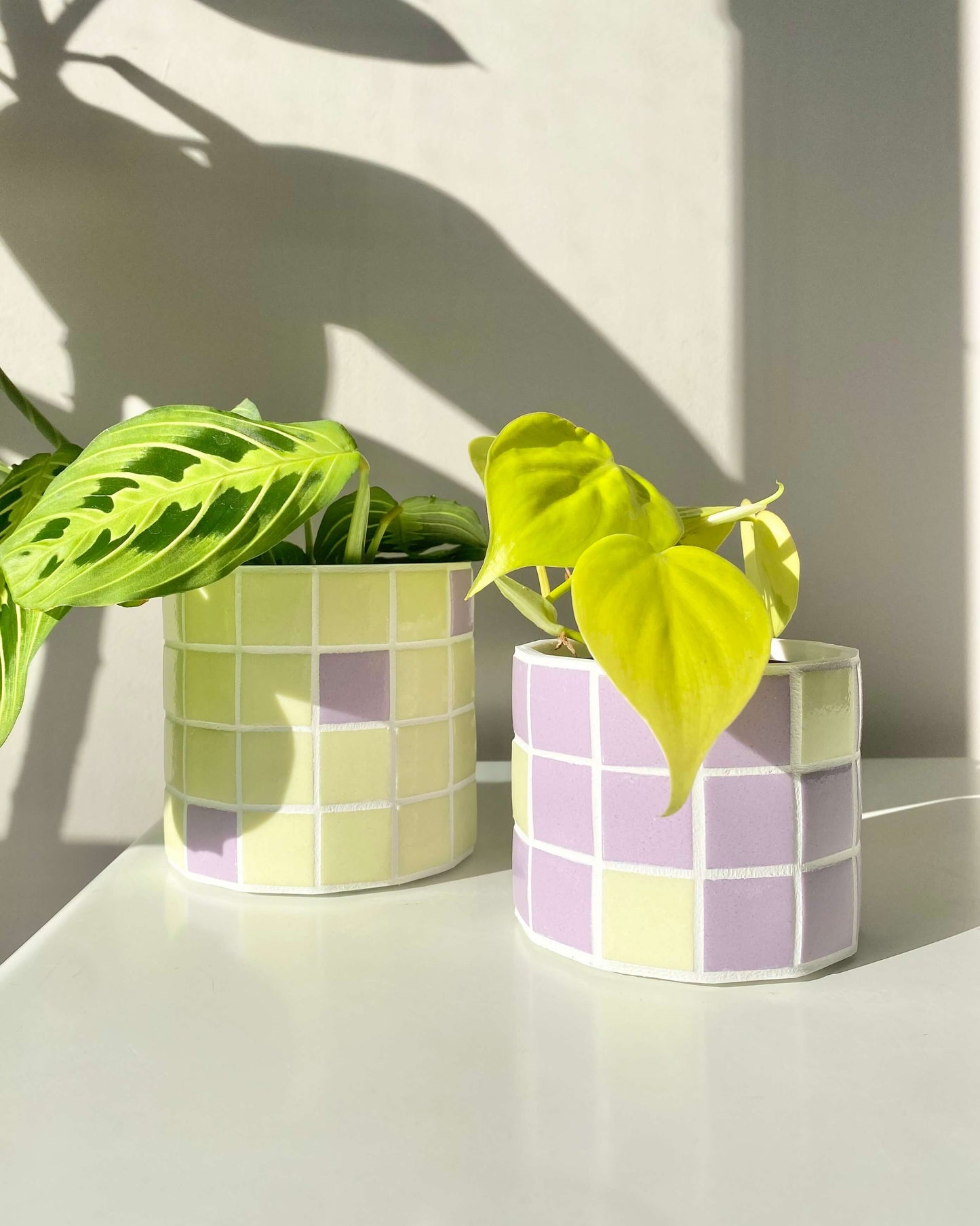 Duo cache-pot mosaïque "Jungle Pop" Jaune et Lila fabriqué en Alsace BelemBouture