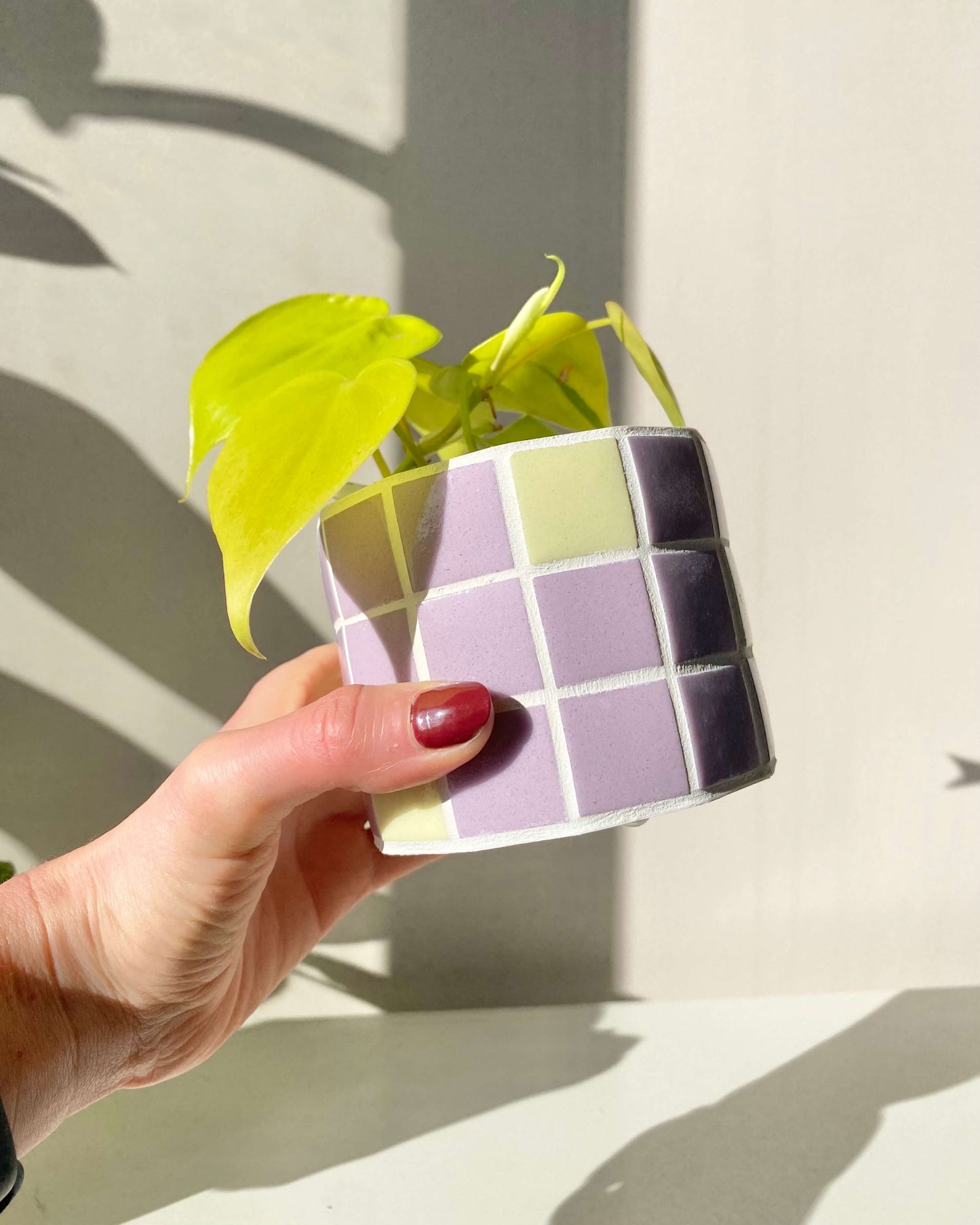 Duo cache-pot mosaïque "Jungle Pop" Jaune et Lila fabriqué en Alsace BelemBouture