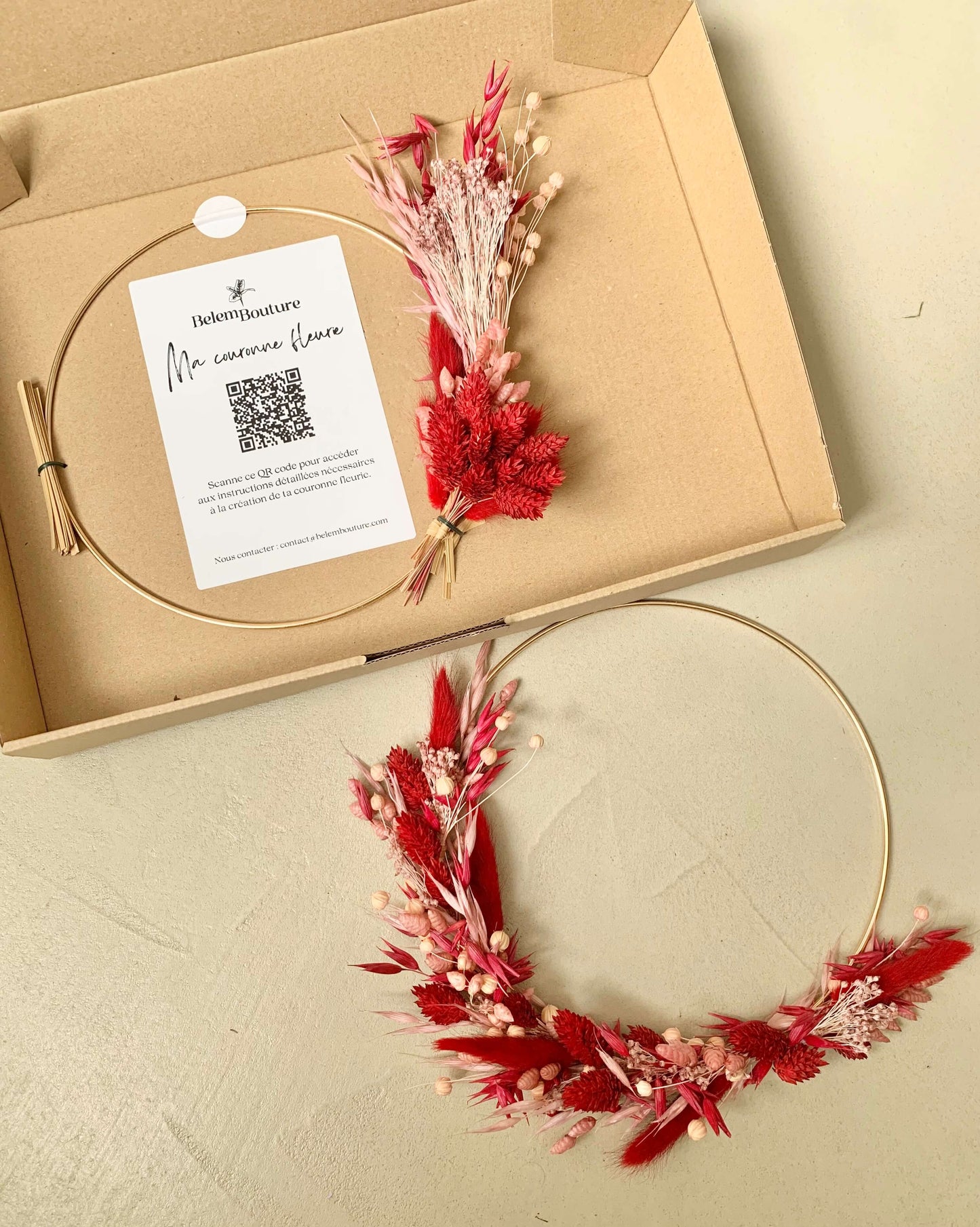 Kit DIY - Couronne murale fleurie "Rose et Bordeaux" - BelemBouture