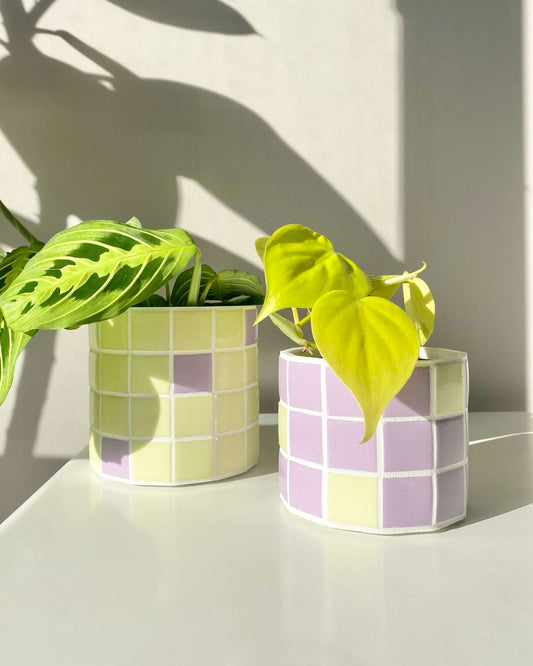 Duo cache-pot mosaïque "Jungle Pop" Jaune et Lila fabriqué en Alsace BelemBouture